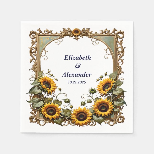 Pretty Yellow sunflower with art frame wedding  Napkin (Front)