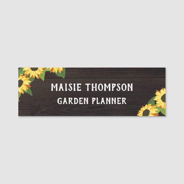 Pretty Yellow Sunflowers & Rustic Dark Wood Name Tag (Front)