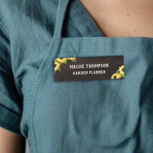 Pretty Yellow Sunflowers & Rustic Dark Wood Name Tag