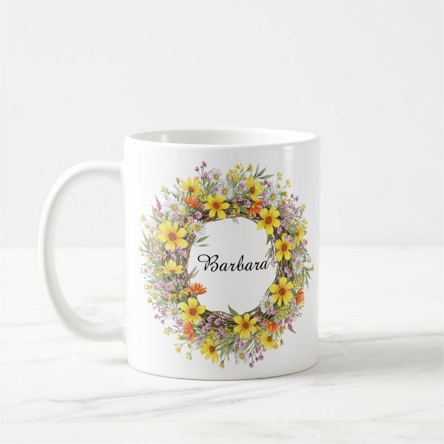 Pretty Yellow Wildflowers Wreath Custom Name  Coffee Mug (Left)