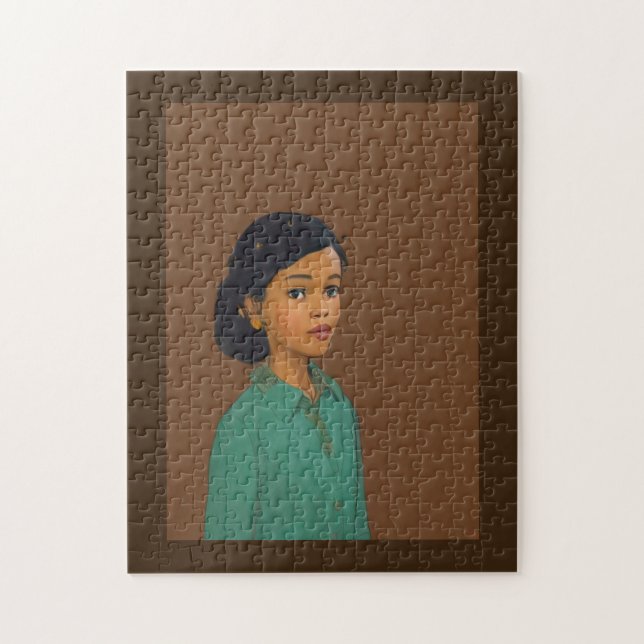 Pretty young girl brown skin green shirt jigsaw puzzle (Vertical)