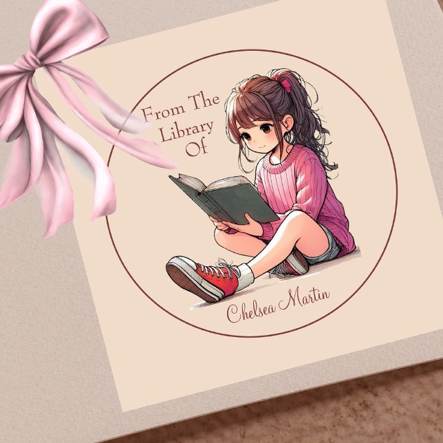 Pretty Young Girl Reading Book Bookplate Square Sticker (Creator Uploaded)