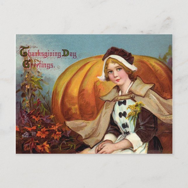 Pretty young woman with a big pumpkin thanksgiving postcard (Front)