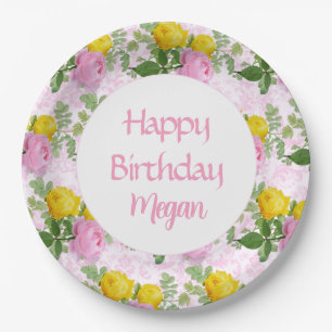 PrettyPink Yellow Roses Happy Birthday Floral Paper Plate