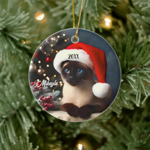 Prety Siamese Cat in a  Santa Hat Christmas Ceramic Tree Decoration
