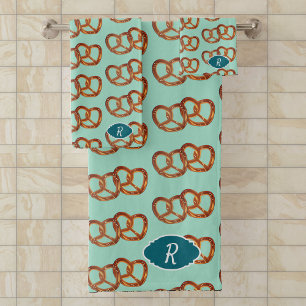 Pretzel Theme Bread Knots: Your initial / monogram Bath Towel Set