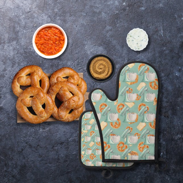 Pretzels, bread, and mixers greenish-blue oven mitt & pot holder set (Creator Uploaded)