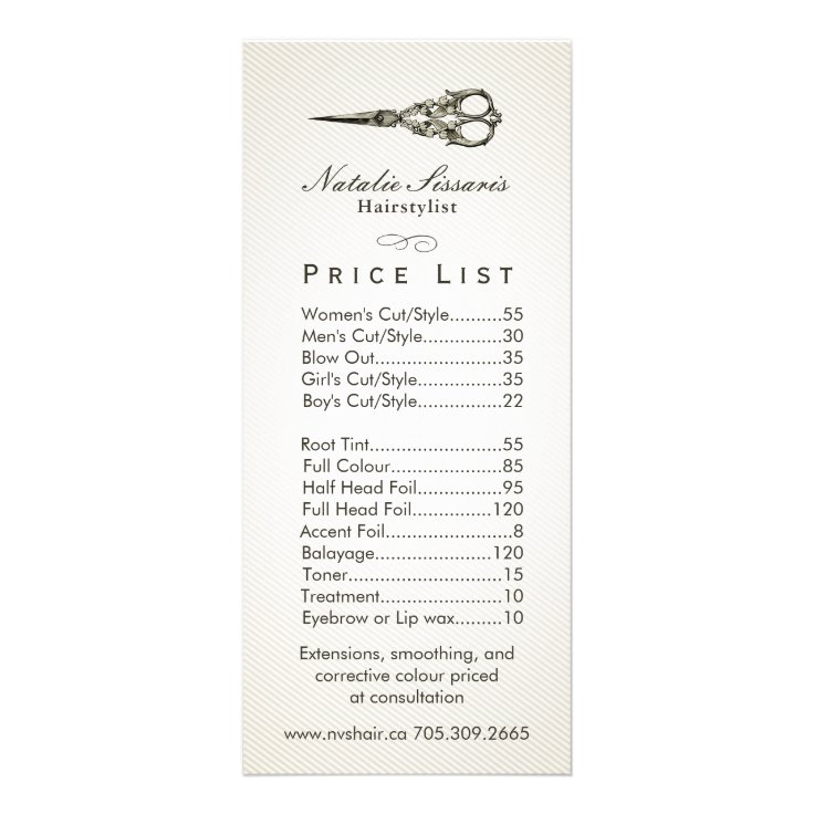 Price List | Antique Scissor Vintage Hair Salon #2 Rack Card 