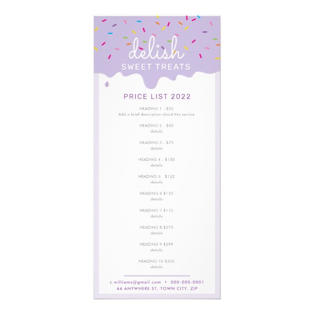 PRICE LIST bakery cake frosting drip purple Rack Card (Front)