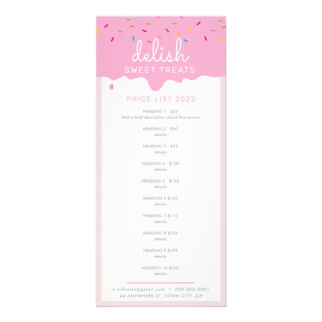 PRICE LIST bakery cakes frosting drip sprinkles Rack Card (Front)