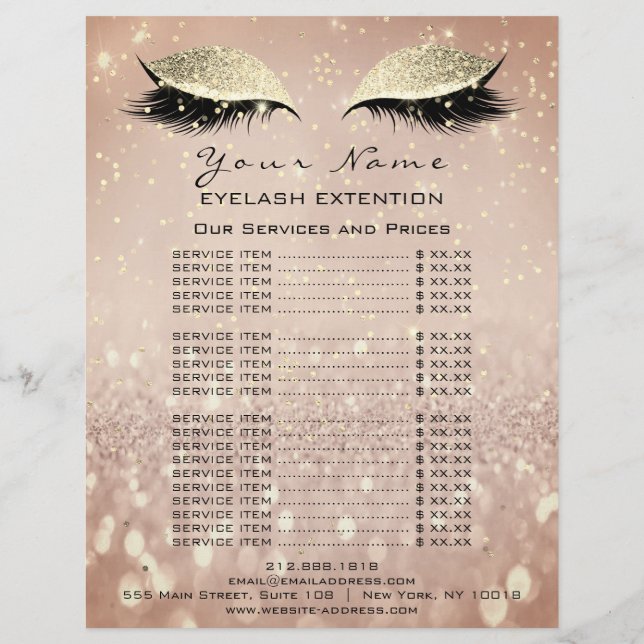 Price List Beauty Lashes Makeup Rose Gold Glitter Flyer (Back)