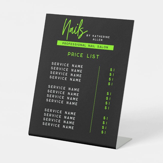 Price List Green Neon Nails & Nail Salon Pedestal Sign (Front)