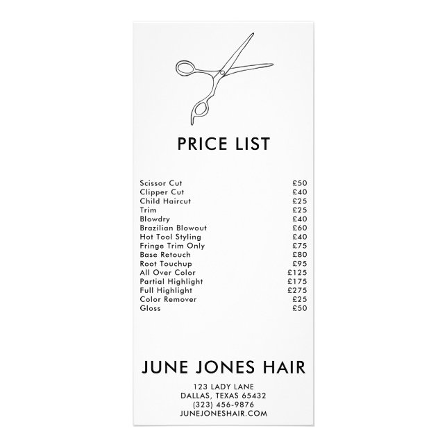 Price List Hair Stylist Scissors Minimalist Chic Rack Card (Front)