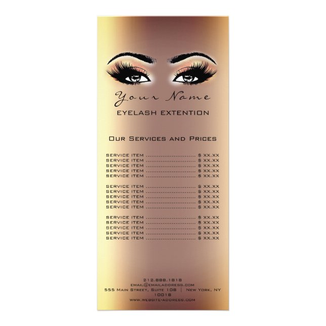 Price List Lash Extension Makeup Artist Sepia Gold Rack Card (Back)