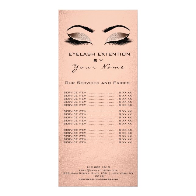 Price List Lashes Extension Makeup Blush Rose Gold Rack Card (Front)