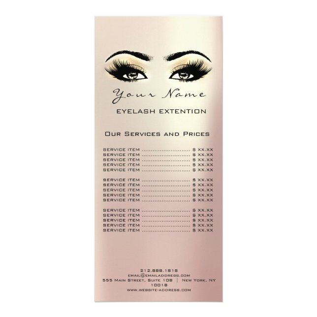 Price List Lashes Extension Makeup Champaigne Rack Card (Front)