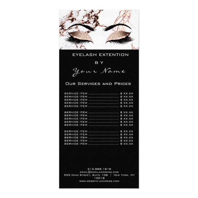Price List Lashes Extension Makeup Marble Copper Rack Card (Front)