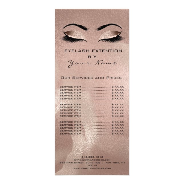 Price List Lashes Extension Makeup Skin Rose Gold Rack Card (Front)