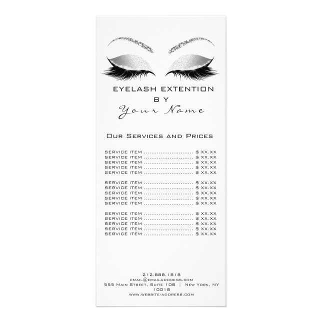 Price List Lashes Extension Makeup White Silver Rack Card (Front)