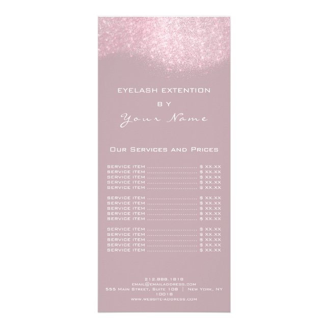 Price List Lashes Makeup Hairdresser Pink Glitter Rack Card (Back)