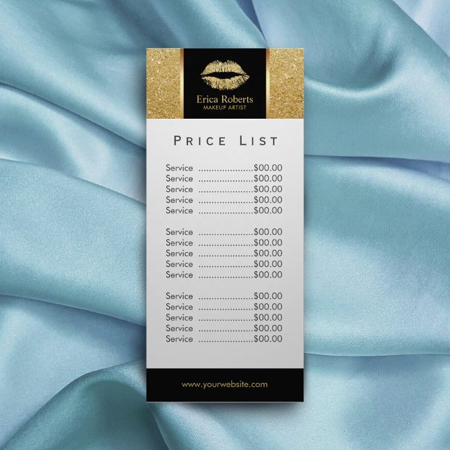 Price List | Makeup Artist Gold Glitter Lips Salon Rack Card (Creator Uploaded)