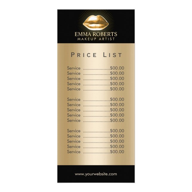 Price List | Makeup Artist Gold Lips Beauty Salon Rack Card (Front)