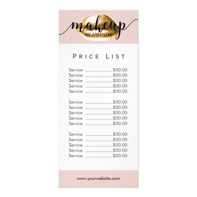 Price List | Makeup Artist Gold Lips Blush Pink Rack Card (Front)