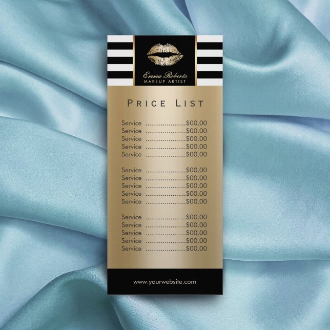 Price List | Makeup Artist Gold Lips Modern Stripe Rack Card (Creator Uploaded)