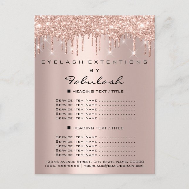 Price List Rose Gold Drips Eyelashes Makeup Brows Postcard (Front)