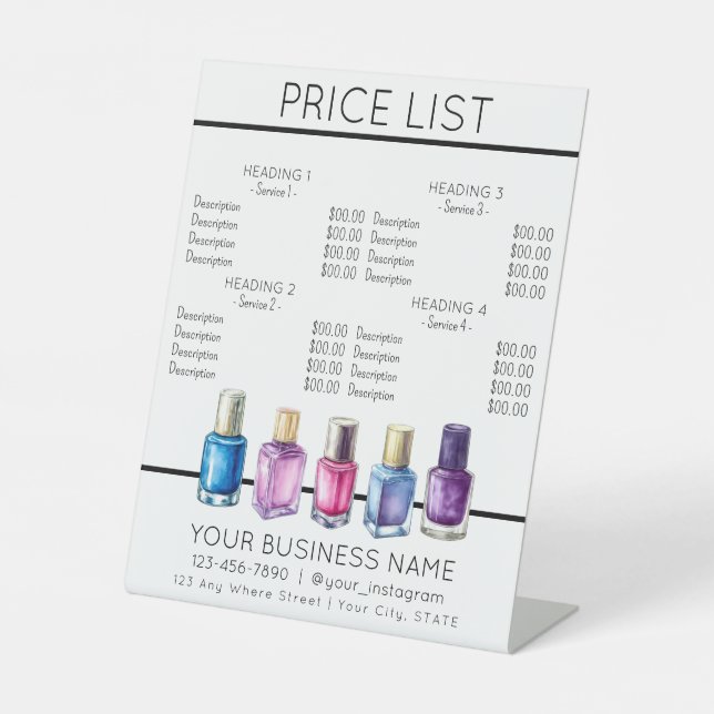 Price list service menu Nail salon nailpolish Pedestal Sign (Front)