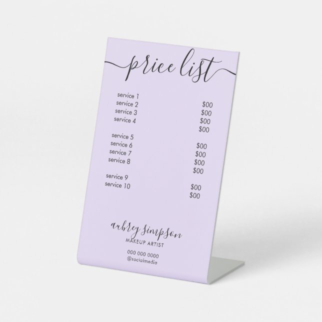 Price List Service Script Light Purple Pedestal Sign (Front)