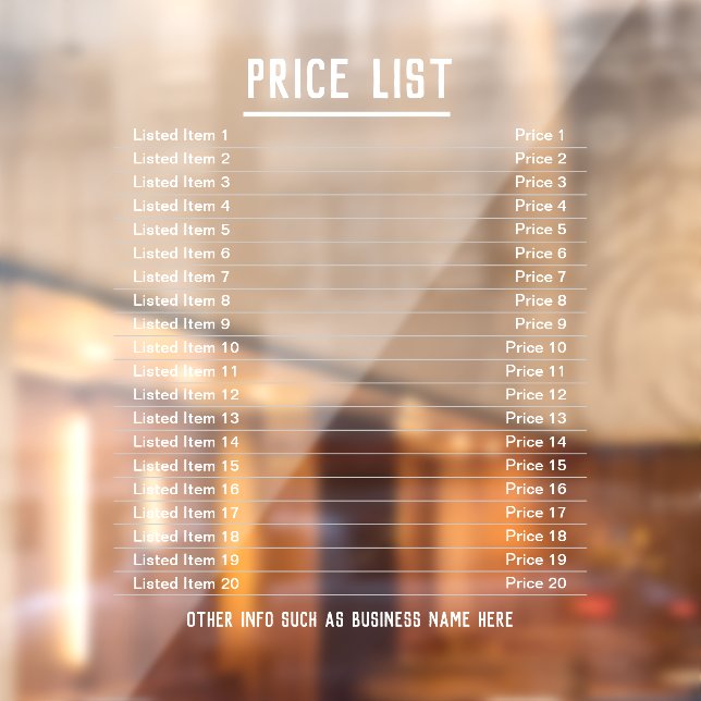 Price List. Up to 20 items & Prices on a (Sheet 2)