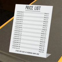 Price List. Up to 20 items & Prices on a Pedestal 