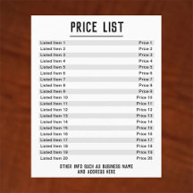 Price List. Up to 40 items & Prices. Double-Sided