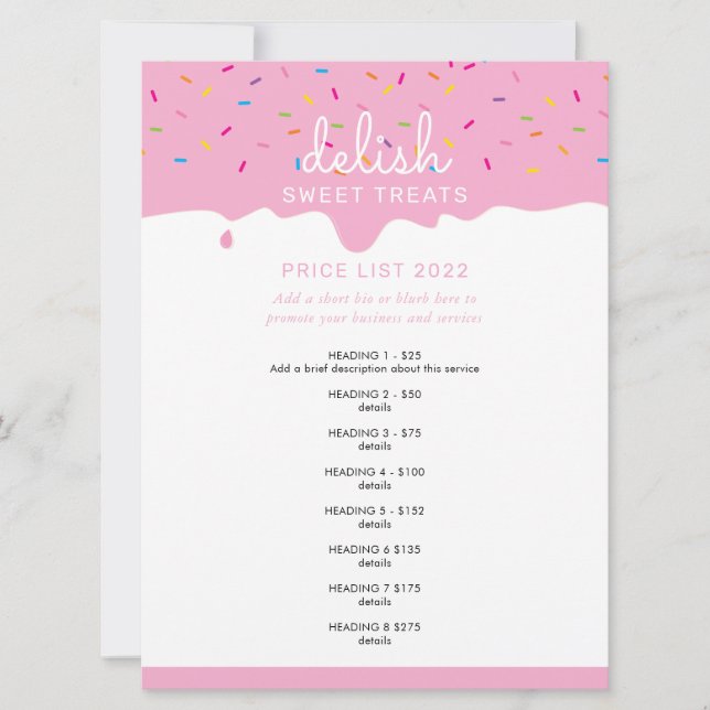 PRICE SERVICE LIST pink frosting drip sprinkles Invitation (Front)