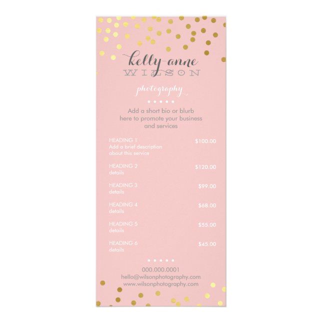PRICE SERVICES LIST gold confetti pattern pink Rack Card (Front)
