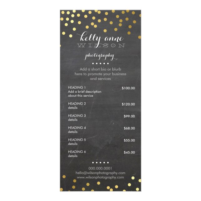 PRICE SERVICES LIST gold spot confetti pattern Rack Card (Front)