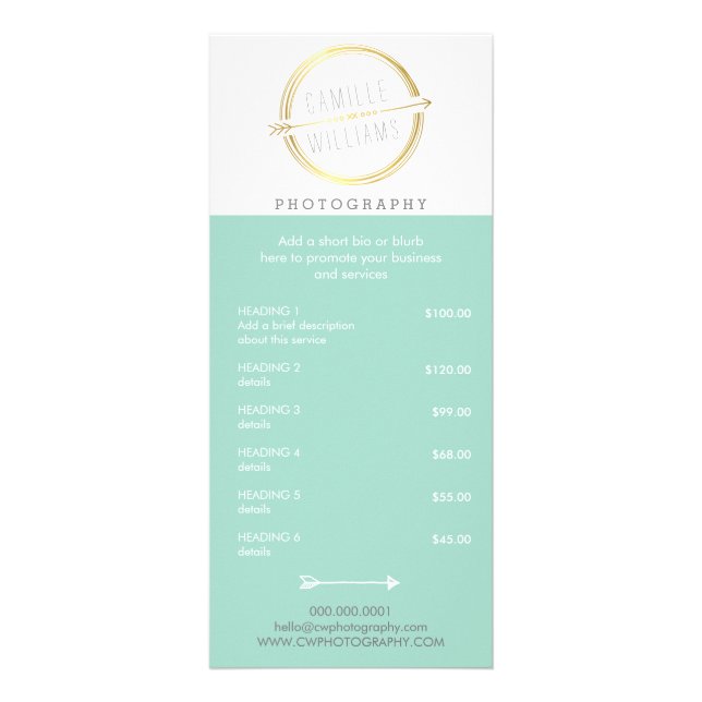 PRICE SERVICES modern arrow logo rustic gold mint Rack Card (Front)
