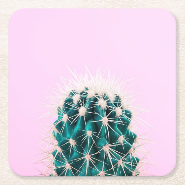 Prickley Cactus on Pink Square Paper Coaster (Front)