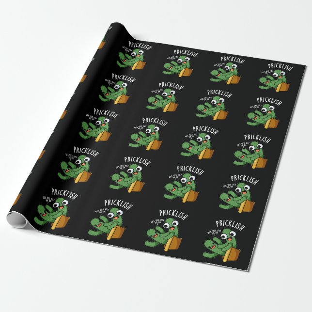 Pricklish Funny Cactus Puns Dark BG Wrapping Paper (Unrolled)