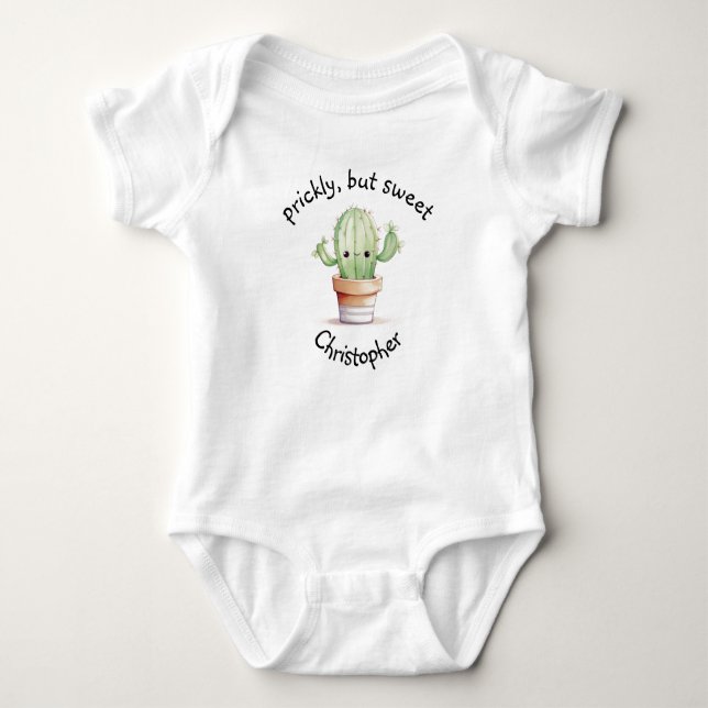 Prickly, but Sweet Custom Name Watercolor Cactus  Baby Bodysuit (Front)