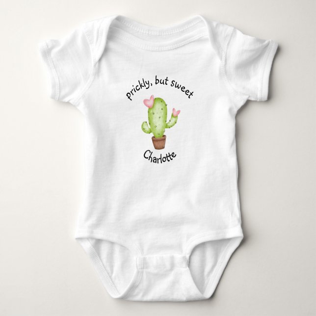 Prickly, but Sweet Custom Name Watercolor Cactus Baby Bodysuit (Front)