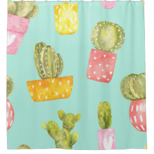 Prickly cacti in pots, watercolor pattern. shower curtain