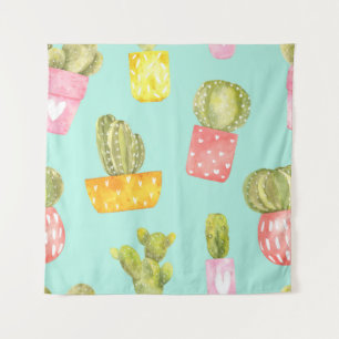 Prickly cacti in pots, watercolor pattern. tapestry