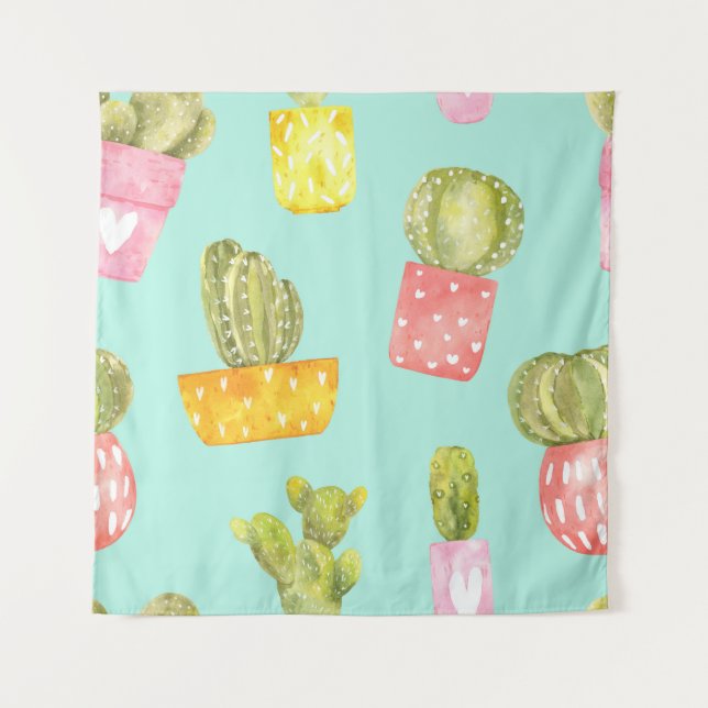 Prickly cacti in pots, watercolor pattern. tapestry (Front)
