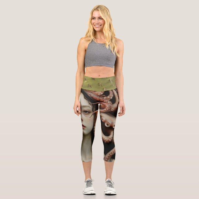 Prickly Octopus Enchanted Dark Oceanic Mood  Capri Leggings (Front)