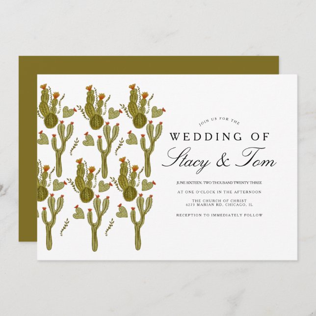 Prickly Pear Cactus Hand Painted Greenery Wedding Invitation (Front/Back)