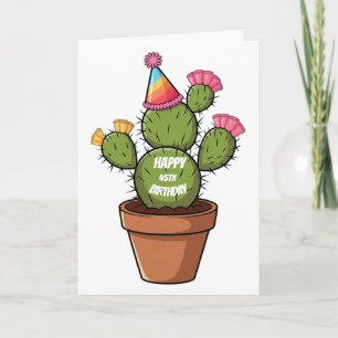 prickly pear cactus in pot wearing birthday hat card