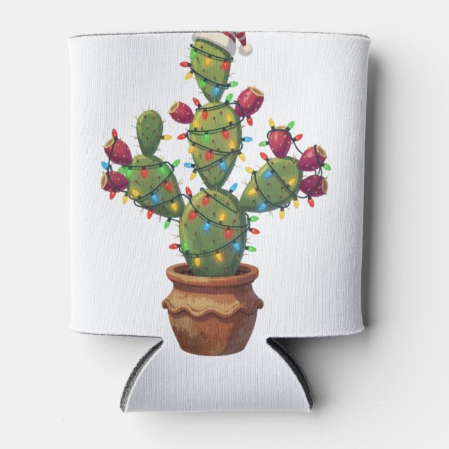 Prickly Pear Cactus with Bright Colourful Christma Can Cooler (Front)