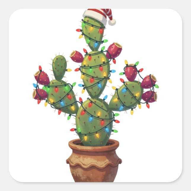 Prickly Pear Cactus with Bright Colourful Christma Square Sticker (Front)